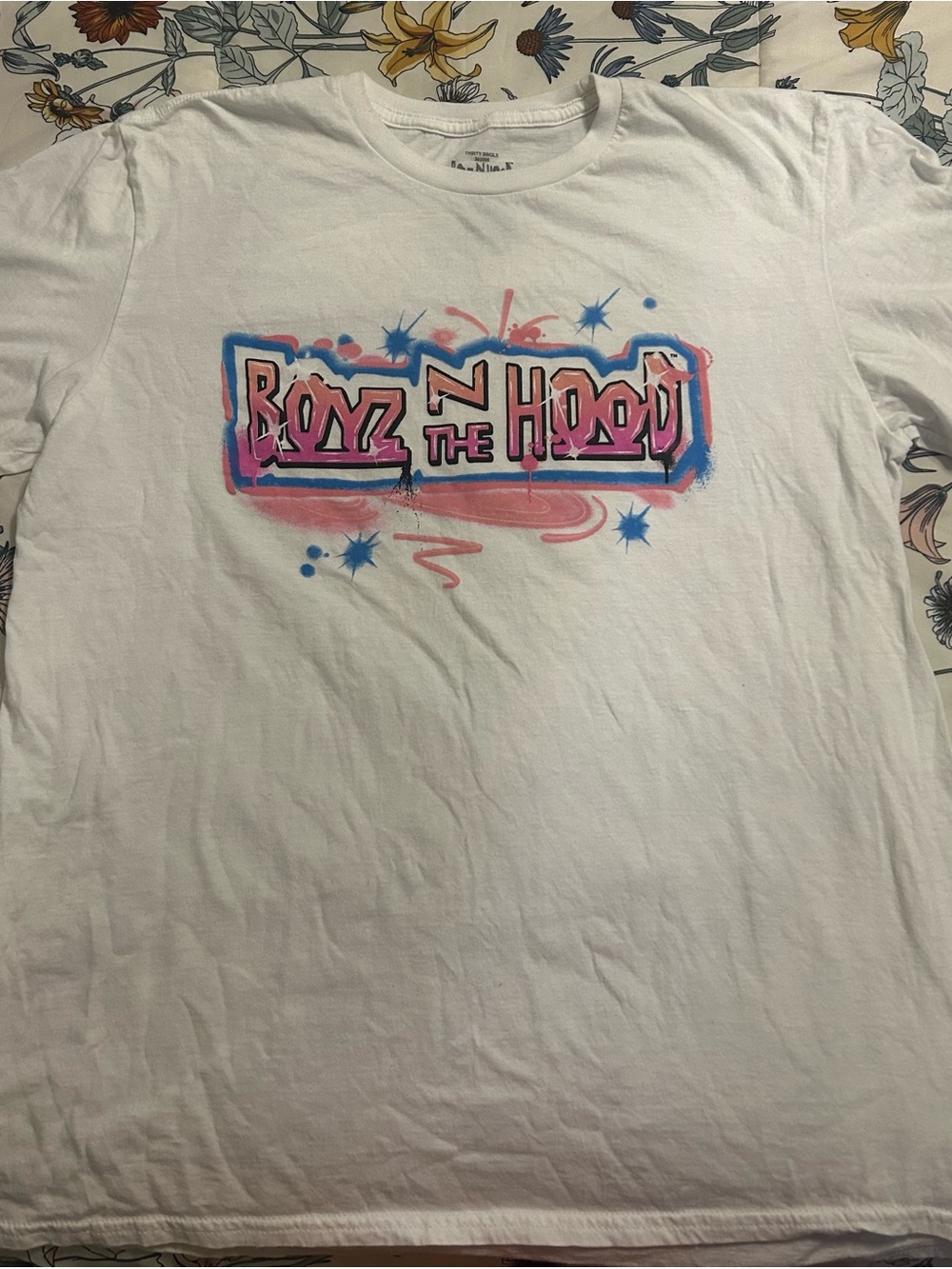 Boyz N The Hood Graphic Short Sleeve Tee in White with Pink & Blue Print